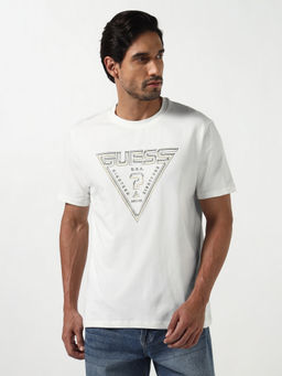 Guess - White Printed Cotton Blend Regular Fit T-Shirt