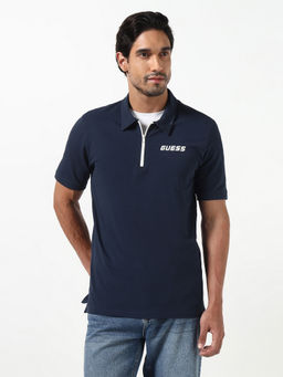 Guess - Navy Blue Solid Pure Cotton Slim Fit Polo T-Shirt