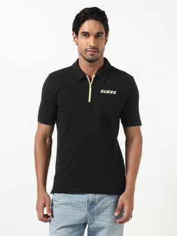 Guess - Black Solid Pure Cotton Slim Fit Polo T-Shirt