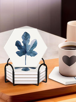 Ekhasa - Diatomite Coasters Set of 6 with Cork Base & Steel Holder (White)