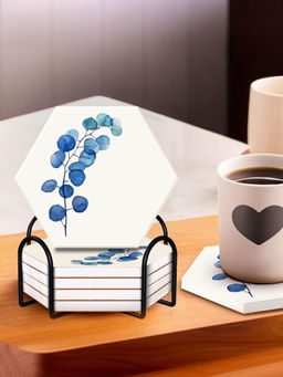 Ekhasa - Diatomite Coasters Set of 6 with Cork Base & Steel Holder (White)