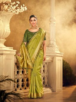 Odette - Green Colour Viscose Dola Silk Saree Pair with Raw Silk with Unstitched Blouse