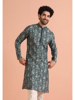 KISAH - Mens Turquoise Blended Printed Kurta