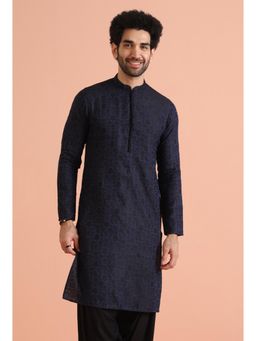 KISAH - Mens Navy Blue Blended Ethnic Motifs Kurta