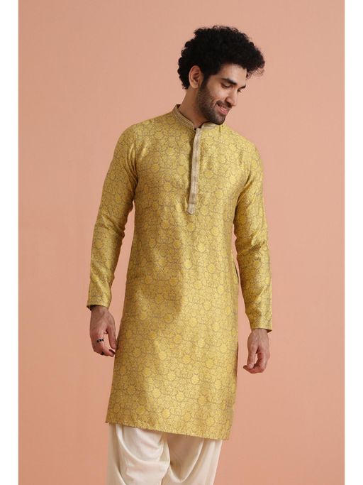 KISAH Mens Mustard Blended Ethnic Motifs Kurta