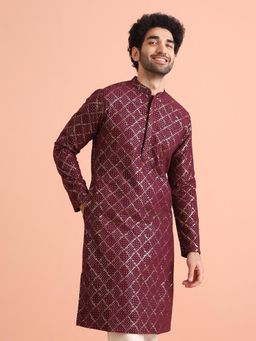 KISAH - Mens Maroon Cotton Embroidered Kurta