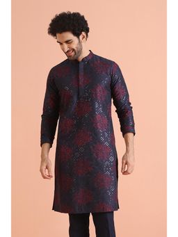 KISAH - Mens Navy Blue Blended Embroidered Kurta