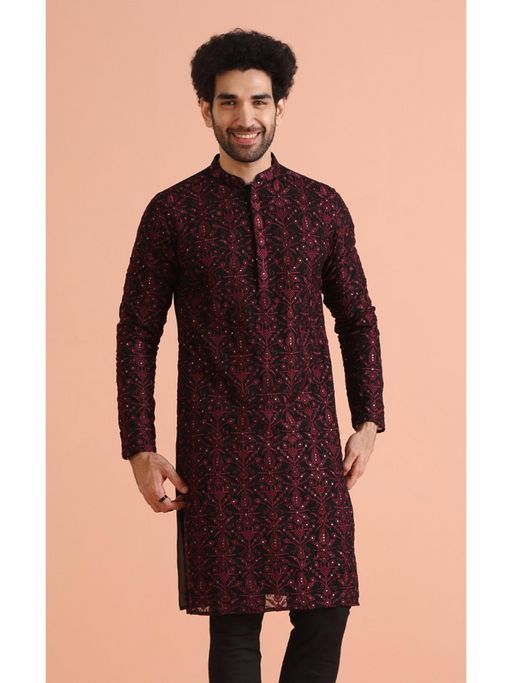 KISAH Mens Black Georgette Embroidered Kurta