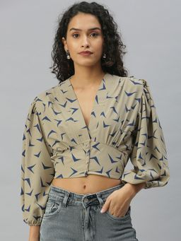 SHOWOFF - Women Plunging Neck Abstract Beige Crop Top