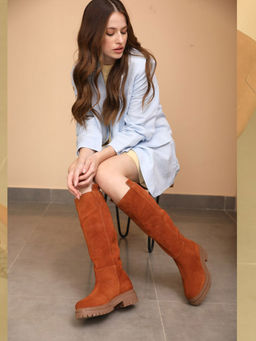 Saint G - Women Tan Stretch Suede Leather Knee High Boots
