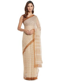 Fabindia - Beige Hand Block Print Cotton Silk Saree