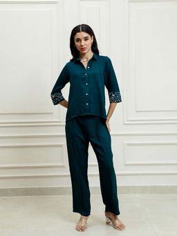 AAREIN - Bottle Green Three-Quarter Sleeves Party Textured Co-Ord Set