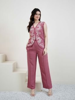 AAREIN - Mauve Sleeveless V-Neck Casual Embroidered Co-Ord Set