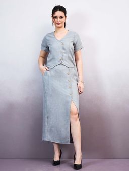 AAREIN - Grey Short Sleeves V-Neck Casual Solid Co-Ord Set
