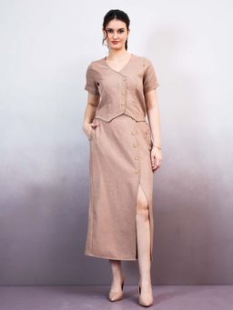 AAREIN - Beige Short Sleeves V-Neck Casual Solid Co-Ord Set