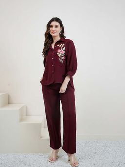 AAREIN - Maroon Three-Quarter Sleeves Casual Embroidered Co-Ord Set