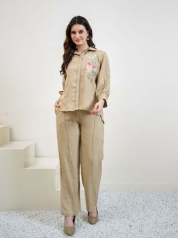AAREIN - Beige Three-Quarter Sleeves Casual Embroidered Co-Ord Set