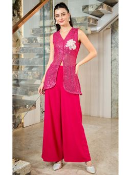 AAREIN - Fuchsia Sleeveless V-Neck Polyester Party Self Design Co-Ord Set
