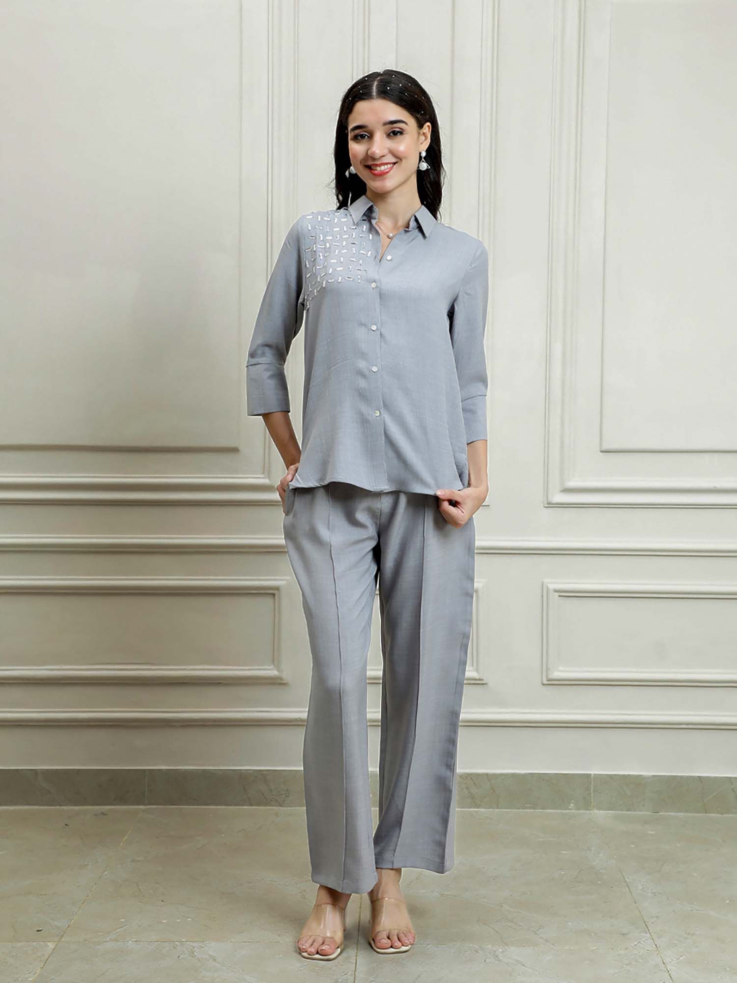aarein Grey Three-Quarter Sleeves Party Co-Ord Set-picture-37