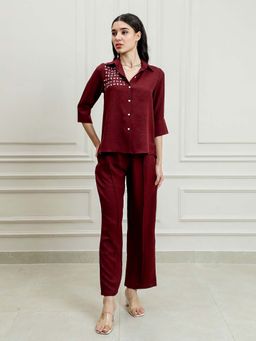 AAREIN - Maroon Three-Quarter Sleeves Party Co-Ord Set