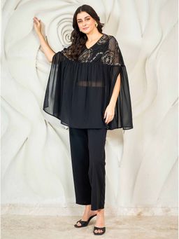 AAREIN - Black Ruffled Sleeves V-Neck Party Yoke Design Co-Ord Set
