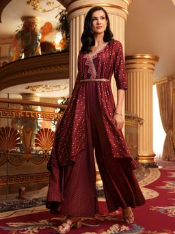 W - Chocolate Maroon Printed Jumpsuit with Belt (Set of 2)
