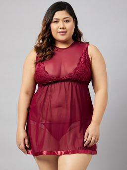 Secrets By ZeroKaata - Women Plus Size Solid Net Baby Doll Lingerie (Set of 2)