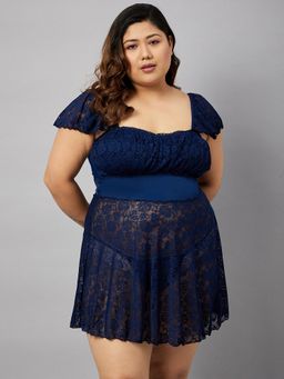 Secrets By ZeroKaata - Women Plus Size Self Design Lace Baby Doll Lingerie (Set of 2)