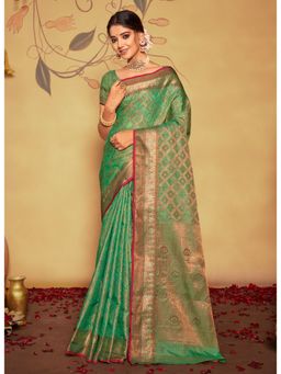 Sangam Prints - Rama Green Woven Work Traditional Saree with Unstitched Blouse