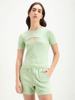 Bewakoof - Women's Green Keyhole Neck Slim Fit Ribbed Top