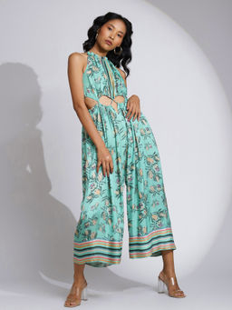 Label Ritu Kumar - Mint Floral Print Cut-Out Jumpsuit
