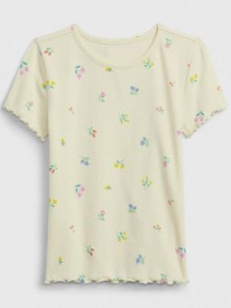 GAP - Yellow Girl's Round Neck Floral Lettuce Trim Top