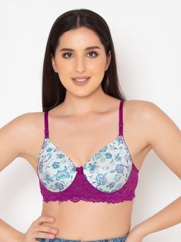 Clovia - Padded Non-wired Full Cup Floral Print T-shirt Bra In White - Lace