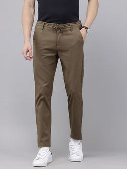 GENIPS - Mens Brown Striped Cotton Trouser