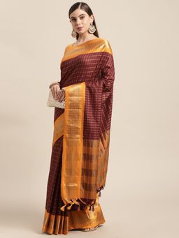 Vastranand - Brown Checked Zari Pure Silk Gadwal Saree with Unstitched Blouse