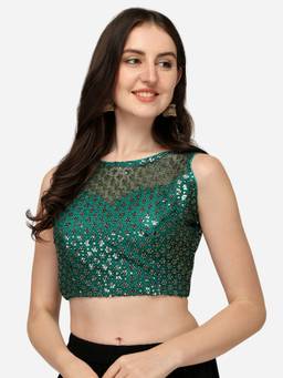Amrutam Fab - Women's Net Sequences Embroidered Work Green Boat Neck Blouse