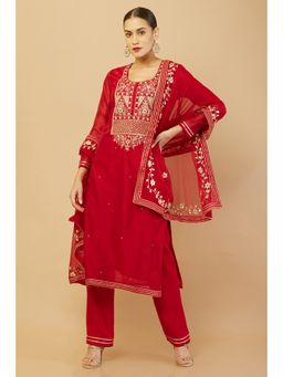 Soch - Red Chanderi Unstitched Dress Material With Woven Designs - 3 Meter Kurta Fabric