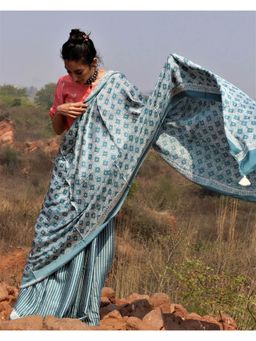 Chidiyaa - Flow Sea Blue Blockprinted Modal Silk Saree