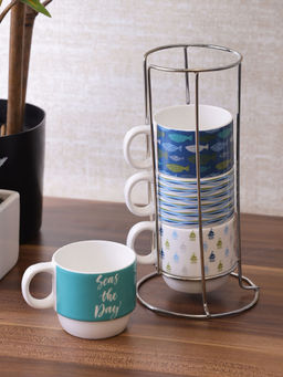 HomeTown - Bahamas Ceramic Stackable 220 Ml Tea Mugs Set Of 4 With Chrome Stand in Multi Colour