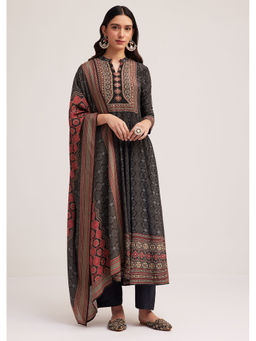 KALKI FASHION - Black Ajrakh Printed Anarkali Kurta with Pant and Dupatta (Set of 3)