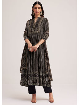 KALKI FASHION - Black Bagru Printed Anarkali Kurta with Pant and Dupatta (Set of 3)
