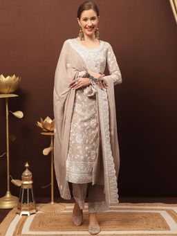 Stylee LIFESTYLE - Beige Chinon Chiffon Embroidered Dress Material