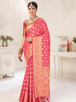 Odette - Womens Pink Silk Blend Printed Saree with Unstitched Blouse