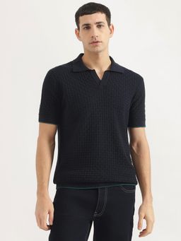 United Colors of Benetton - Men Relaxed Fit Collar Neck Self Design Blue Polo T-Shirt