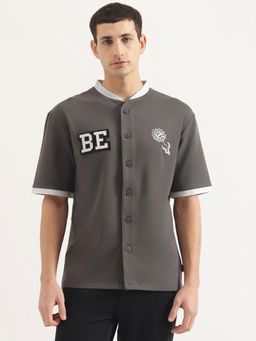 United Colors of Benetton - Men Oversized Fit Collar Neck Printed Grey Shirt