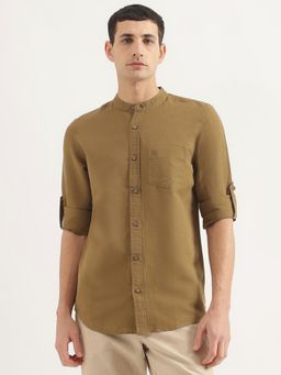 United Colors of Benetton - Men Regular Fit Mandarin Neck Solid/Plain Brown Shirt