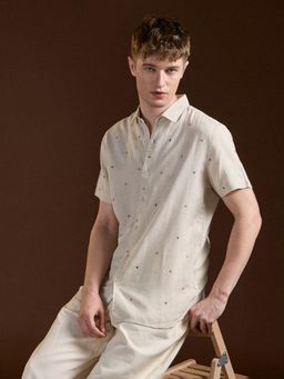 The Bear House - Mens Cream Slim Fit Printed Casual Shirt