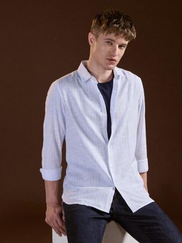 The Bear House - Mens White Slim Fit Stripes Cotton Casual Shirt