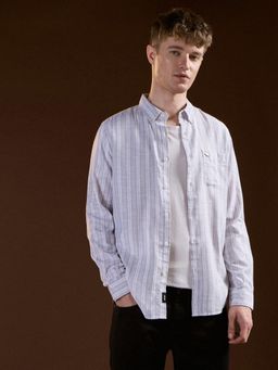 The Bear House - Mens Grey Slim Fit Cotton Striped Casual Shirt