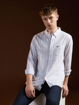 The Bear House - Mens White Slim Fit Cotton Striped Casual Shirt